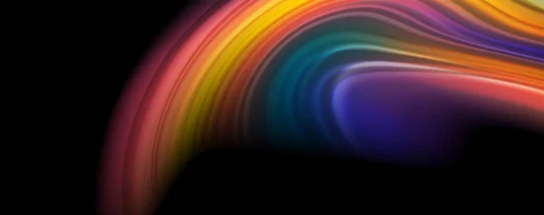 Líneas de onda abstractas fluidas rayas de color de estilo arco iris sobre fondo negro. Ilustración artística para presentación, fondo de pantalla de aplicaciones, banner o póster — Archivo Imágenes Vectoriales