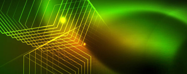 Techno glowing background, futuristic dark template with neon light effects and simple forms, vector