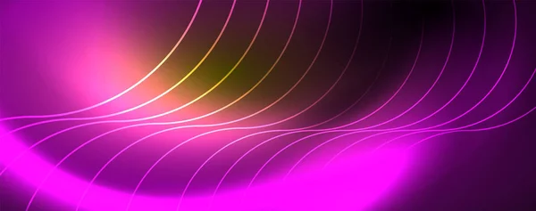明るいネオン円と波線、輝く光沢のある背景デザインテンプレート、デジタルテクノコンセプト. — ストックベクタ