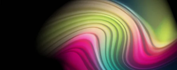 Líneas de onda abstractas fluidas rayas de color de estilo arco iris sobre fondo negro. Ilustración artística para presentación, fondo de pantalla de aplicaciones, banner o póster — Archivo Imágenes Vectoriales