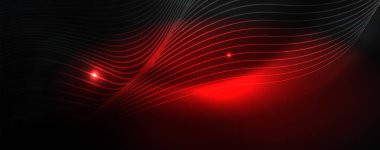 Karanlıkta dumanlı parlayan dalgalar. Neon renkli ışık ve dalgalı çizgiler ile koyu soyut arka plan. Vektör