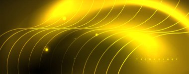 Parlak neon çemberler ve dalga hatları, parlayan parlak arka plan tasarım şablonu, dijital techno kavramı.