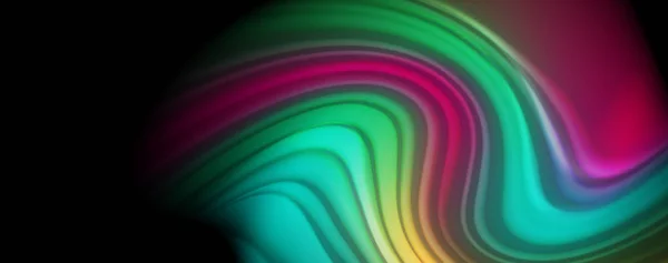 Líneas de onda abstractas fluidas rayas de color de estilo arco iris sobre fondo negro. Ilustración artística para presentación, fondo de pantalla de aplicaciones, banner o póster — Archivo Imágenes Vectoriales