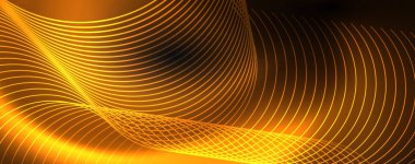 Parlak renkli neon ışıkları ve hatları ile koyu soyut arka plan. Arka planda parlayan