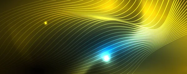 Linhas de onda lisas no fundo de luz de cor de néon azul. Onda abstrata brilhante no escuro, movimento brilhante, luz espacial mágica — Vetor de Stock