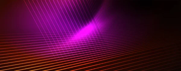 Luz de néon de cor brilhante com linhas, papel de parede abstrato, movimento brilhante, luz de espaço mágico. Techno fundo abstracto — Vetor de Stock