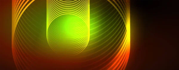 Яркие неоновые круги и волновые линии, светящийся дизайн фона шаблон, цифровой техно концепт . — стоковый вектор