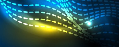 Mavi Neon renkli ışık arka planda pürüzsüz dalga hatları. Karanlık, parlak hareket, sihirli uzay ışık üzerinde parlayan soyut dalga