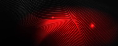 Karanlıkta dumanlı parlayan dalgalar. Neon renkli ışık ve dalgalı çizgiler ile koyu soyut arka plan. Vektör