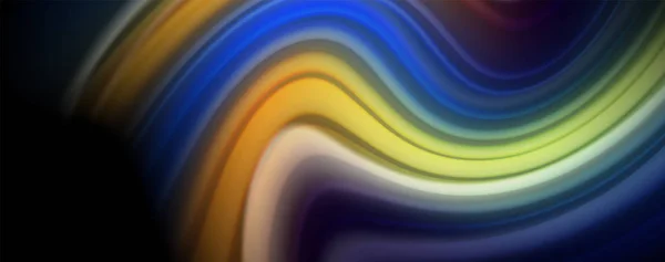 Warna garis-garis gelombang abstrak berwarna pelangi cair pada latar belakang hitam. Ilustrasi artistik untuk presentasi, wallpaper aplikasi, spanduk atau poster - Stok Vektor