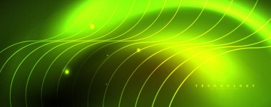 Parlak neon çemberler ve dalga hatları, parlayan parlak arka plan tasarım şablonu, dijital techno kavramı.