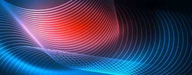 Dalgalar ve daireler ile trendy Neon mavi soyut tasarım. Neon ışık parlayan etkisi. Soyut Dijital arka plan.