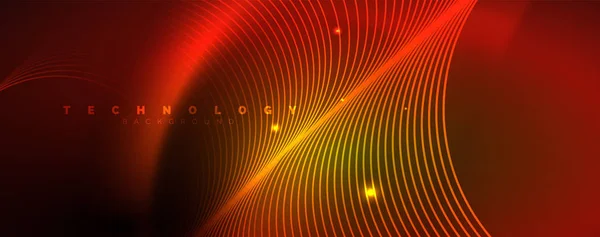 Bright neon circles and wave lines, glowing shiny background design template, digital techno concept. — Stock Vector