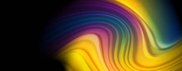 Líneas de onda abstractas fluidas rayas de color de estilo arco iris sobre fondo negro. Ilustración artística para presentación, fondo de pantalla de aplicaciones, banner o póster — Archivo Imágenes Vectoriales