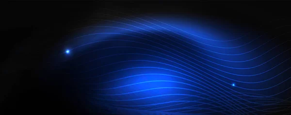 暗闇の中でスモーキーな輝く波。ネオンカラーライトと波線を持つ暗い抽象的な背景。ベクトル — ストックベクタ
