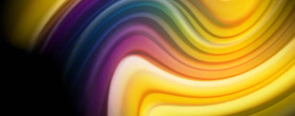 Líneas de onda abstractas fluidas rayas de color de estilo arco iris sobre fondo negro. Ilustración artística para presentación, fondo de pantalla de aplicaciones, banner o póster — Archivo Imágenes Vectoriales