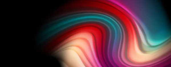 Líneas de onda abstractas fluidas rayas de color de estilo arco iris sobre fondo negro. Ilustración artística para presentación, fondo de pantalla de aplicaciones, banner o póster — Archivo Imágenes Vectoriales