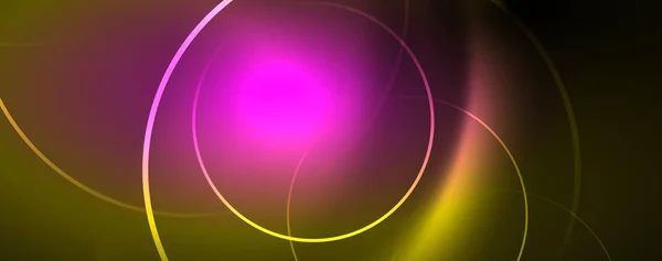 Яркие неоновые круги и волновые линии, светящийся дизайн фона шаблон, цифровой техно концепт . — стоковый вектор