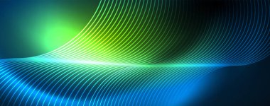 Dalgalar ve daireler ile trendy Neon mavi soyut tasarım. Neon ışık parlayan etkisi. Soyut Dijital arka plan.