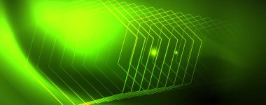 Techno parlayan arka plan, Neon ışık efektleri ve basit formları ile futuristik karanlık şablon, vektör