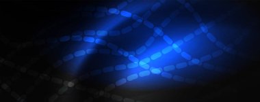 Karanlıkta dumanlı parlayan dalgalar. Neon renkli ışık ve dalgalı çizgiler ile koyu soyut arka plan. Vektör