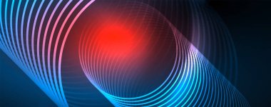 Dalgalar ve daireler ile trendy Neon mavi soyut tasarım. Neon ışık parlayan etkisi. Soyut Dijital arka plan.