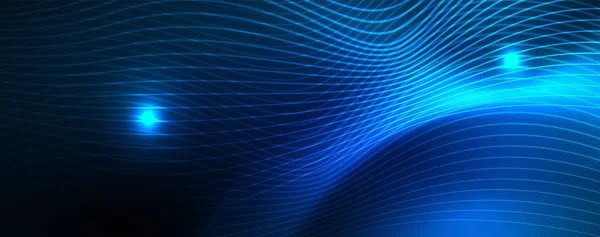 Linhas de onda lisas no fundo de luz de cor de néon azul. Onda abstrata brilhante no escuro, movimento brilhante, luz espacial mágica —  Vetores de Stock