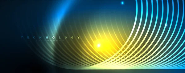 波と円を持つトレンディなネオンブルーの抽象的なデザイン。ネオン光光効果。抽象的なデジタル背景. — ストックベクタ