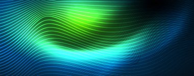 Mavi Neon renkli ışık arka planda pürüzsüz dalga hatları. Karanlık, parlak hareket, sihirli uzay ışık üzerinde parlayan soyut dalga
