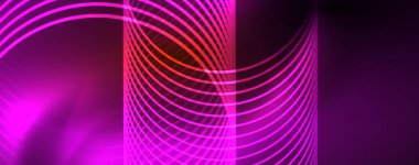 Parlak neon çemberler ve dalga hatları, parlayan parlak arka plan tasarım şablonu, dijital techno kavramı.