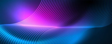 Dalgalar ve daireler ile trendy Neon mavi soyut tasarım. Neon ışık parlayan etkisi. Soyut Dijital arka plan.