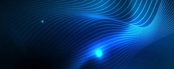 Lignes d'onde lisses sur fond bleu néon lumière de couleur. Onde abstraite lumineuse sur mouvement sombre et brillant, lumière de l'espace magique — Image vectorielle