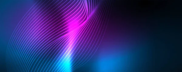 Linhas de onda lisas no fundo de luz de cor de néon azul. Onda abstrata brilhante no escuro, movimento brilhante, luz espacial mágica —  Vetores de Stock