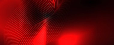 Karanlıkta dumanlı parlayan dalgalar. Neon renkli ışık ve dalgalı çizgiler ile koyu soyut arka plan. Vektör