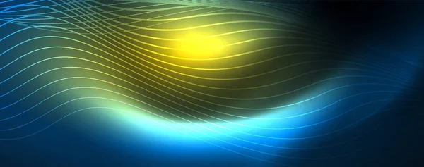 Рівні хвильові лінії на світлому фоні блакитного неону. Сяюча абстрактна хвиля на темному, блискучому русі, чарівне простір світла — стоковий вектор