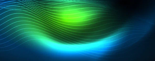 Sima hullám vonalak-ra kék neon befest könnyű háttér. Ragyogó absztrakt hullám sötét, fényes mozgás, mágikus tér fény — Stock Vector