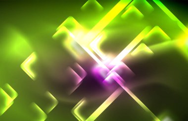 Bulanık efektler ile koyu arka planda Neon kare ve hat ışıkları