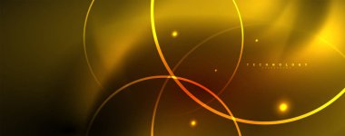 Parlak neon çemberler ve dalga hatları, parlayan parlak arka plan tasarım şablonu, dijital techno kavramı.