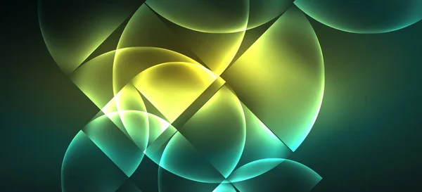 Techno gloeiende glas geometrische vormen vector achtergrond, futuristische donkere sjabloon met neon lichteffecten en eenvoudige vormen — Stockvector