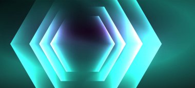 Parlak altıgen Neon şablonu. Fütüristik dijital teknoloji konsepti. Vektör soyut grafik tasarım.