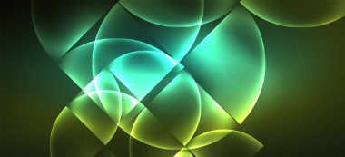 Techno parlayan cam geometrik şekiller vektör arka plan, Neon ışık efektleri ve basit formları ile futuristik karanlık şablon