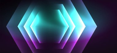 Parlak altıgen Neon şablonu. Fütüristik dijital teknoloji konsepti. Vektör soyut grafik tasarım.