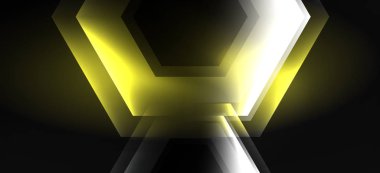 Neon renk altıgen şekiller, siyah arka planda çizgiler. Web zemin tasarımı için modern şablon. Soyut geometrik çerçeve