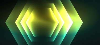 Parlak altıgen Neon şablonu. Fütüristik dijital teknoloji konsepti. Vektör soyut grafik tasarım.