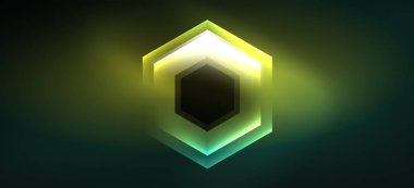 Parlak altıgen Neon şablonu. Fütüristik dijital teknoloji konsepti. Vektör soyut grafik tasarım.