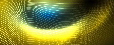 Mavi Neon renkli ışık arka planda pürüzsüz dalga hatları. Karanlık, parlak hareket, sihirli uzay ışık üzerinde parlayan soyut dalga