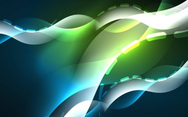 Neon ışık parlayan etkisi. Modern mavi parlak neon dalga hattı. Afiş, poster şablonu. Glow girdap ışık efekti. Mavi soyut arka plan.