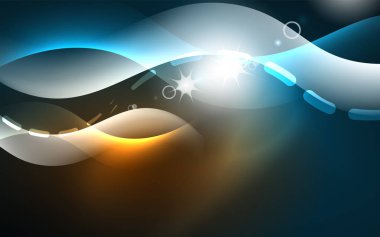 Neon ışık parlayan etkisi. Modern mavi parlak neon dalga hattı. Afiş, poster şablonu. Glow girdap ışık efekti. Mavi soyut arka plan.