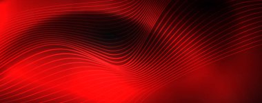 Karanlıkta dumanlı parlayan dalgalar. Neon renkli ışık ve dalgalı çizgiler ile koyu soyut arka plan. Vektör