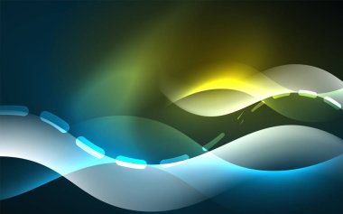 Neon ışık parlayan etkisi. Modern mavi parlak neon dalga hattı. Afiş, poster şablonu. Glow girdap ışık efekti. Mavi soyut arka plan.